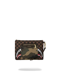 SPRAYGROUND EXTERIOR GOLD ZIP POCKET SHARKS IN PARIS CROSSOVER CLUTCH