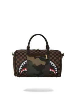SPRAYGROUND EXTERIOR GOLD ZIP POCKET SHARKS IN PARIS MINI DUFFLE