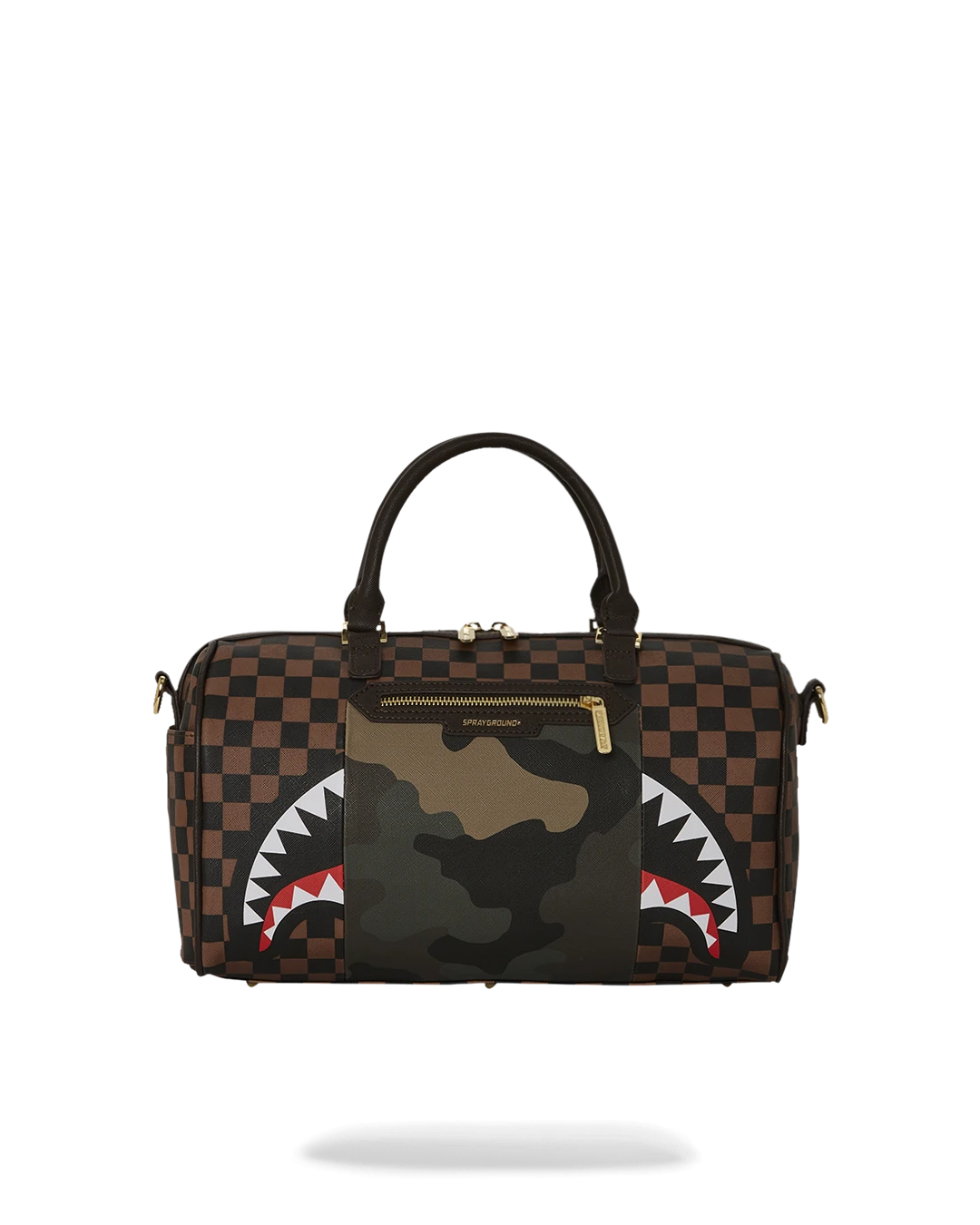 SPRAYGROUND EXTERIOR GOLD ZIP POCKET SHARKS IN PARIS MINI DUFFLE